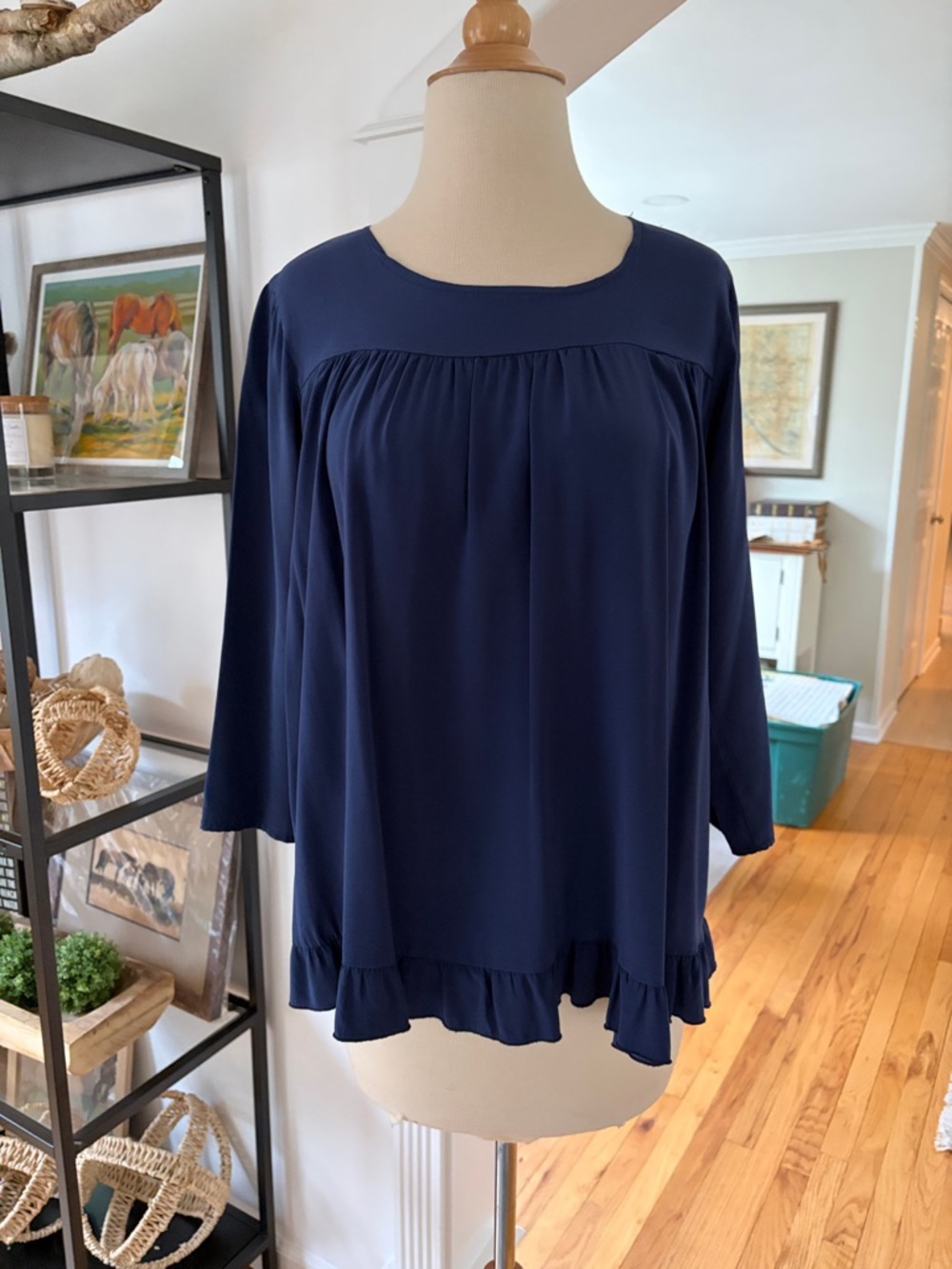 Alisha Levine Navy Long-Sleeve Ruffle Hem Blouse